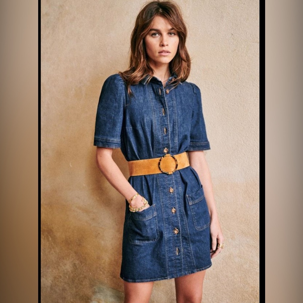 Sézane Almette Denim Mini Dress Button Front Belted